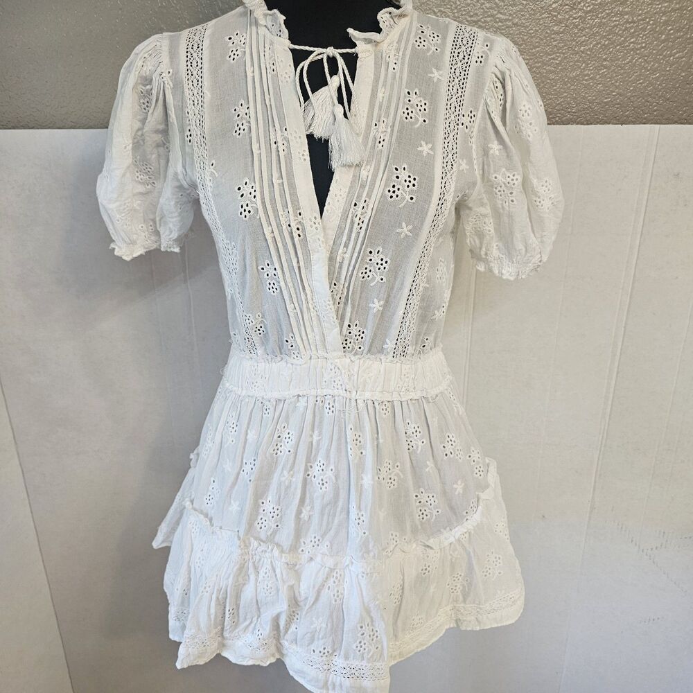 Womens Mable Eyelet Lace Mini Dress White Sz S Cottagecore Whimsical R0330